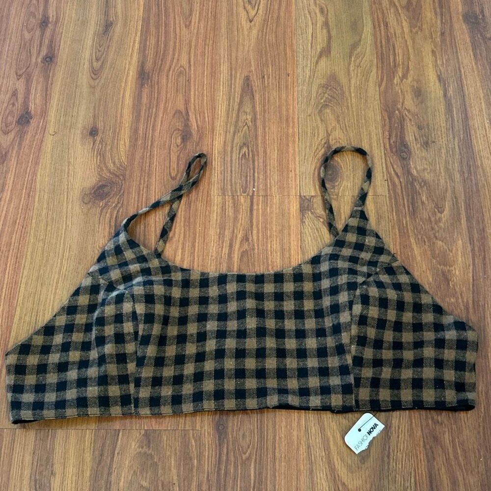 NWT Fashion Nova tan black flannel buffalo checkered cropped top Fashion Nova XL